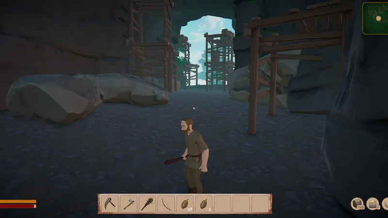 Dark rocky passage with wooden scaffolding leading into a new area