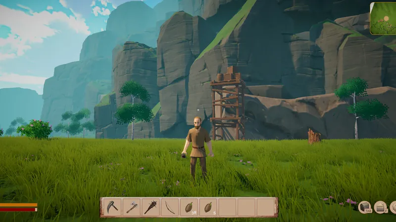 Grassy valley below steep cliffs with a wooden tower