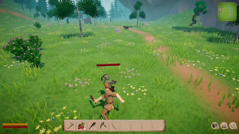 Third-person melee combat against a goblin on a forest meadow