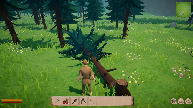Player next to a felled pine tree in the forest