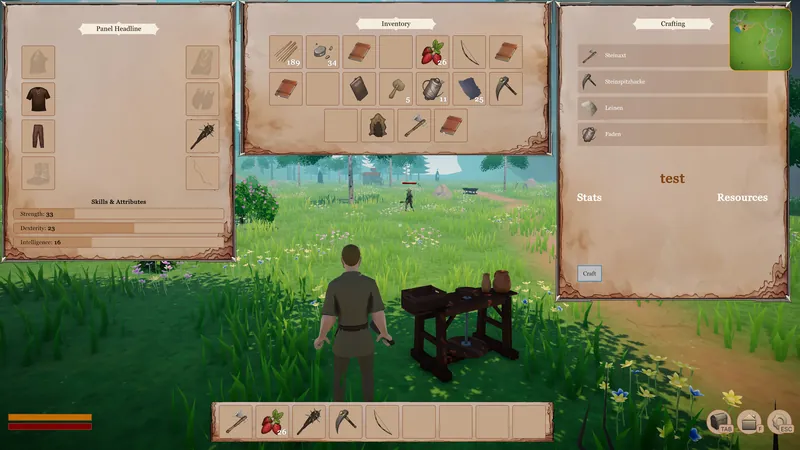 Inventory, character and crafting menus open on a meadow in The First Library