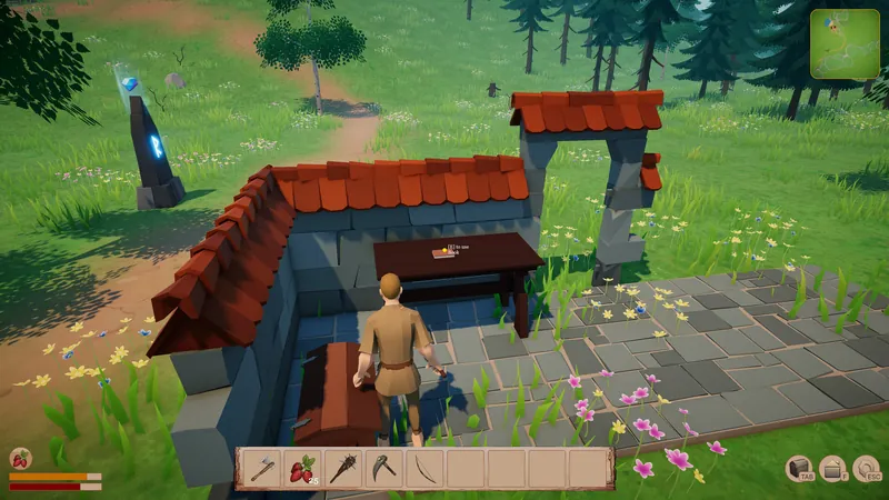Player-built stone library with a tiled roof in The First Library