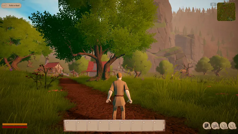 Dirt path through a green valley with a farmhouse and red cliffs